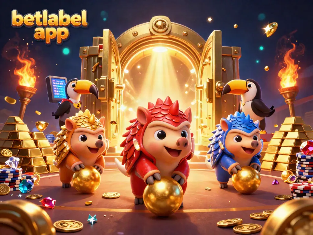 Experience the thrill of the betlabel app with vibrant pangolins bowling through casino chip stacks.