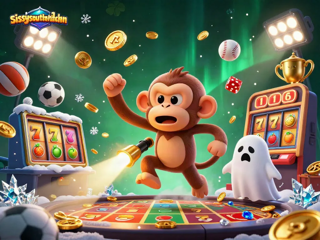 Sissy's Southern Kitchen showcases a playful ghost-hunter puppy tracking a juggling monkey in a vibrant casino.
