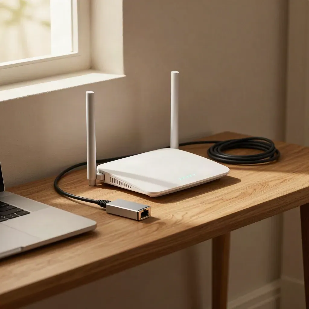 Router con luces mint, cable Ethernet suelto y MacBook en consola de pasillo, de noche.