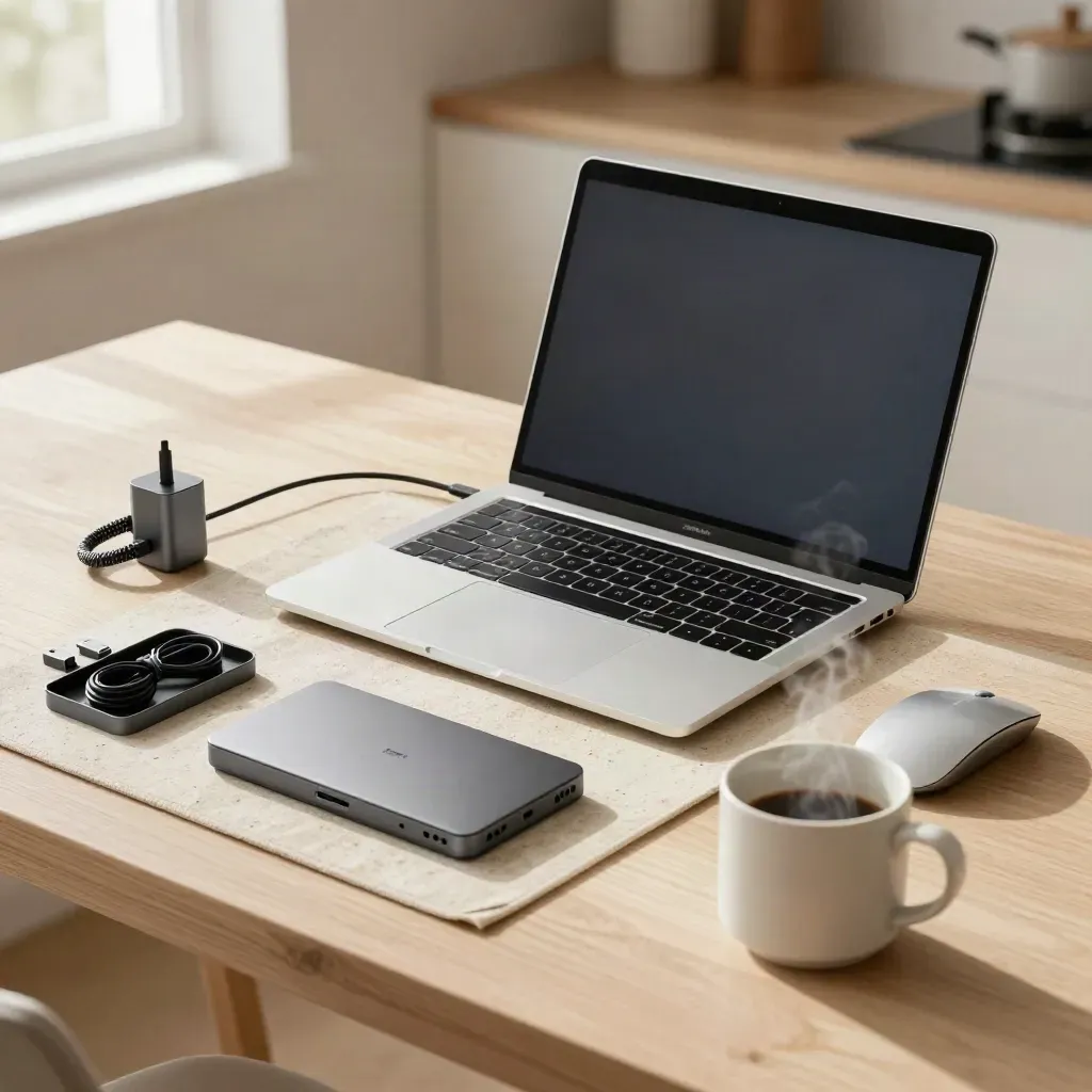 MacBook recién reseteado con cargador, ratón, SSD y bandejas sobre mesa de madera clara.