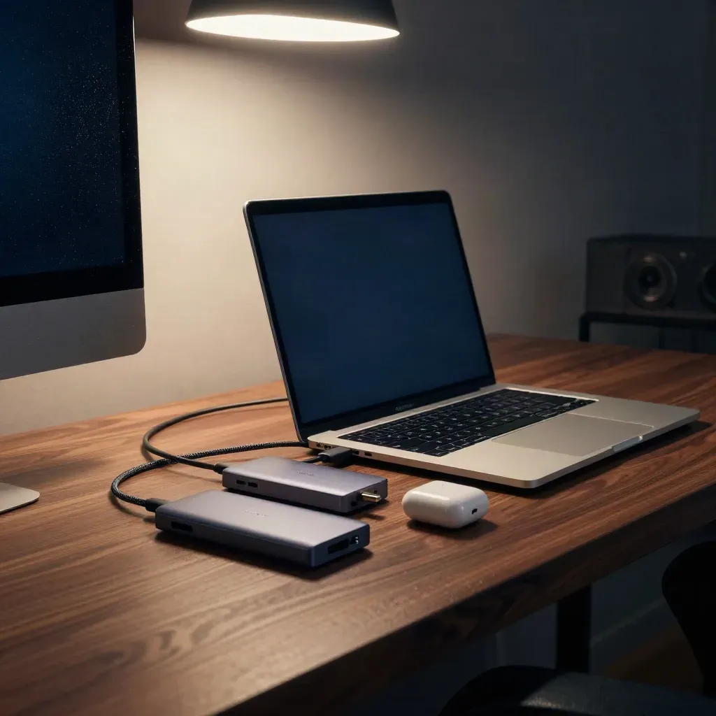 MacBook Pro, hub USB-C, SSD y AirPods sobre mesa oscura con luz suave y bruma húmeda.