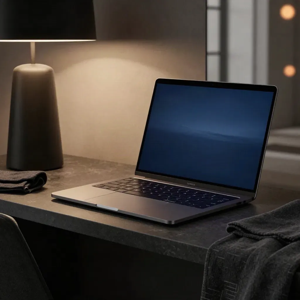 MacBook oscuro junto a lámpara negra y tela carbón, con brillo tenue azul hora.