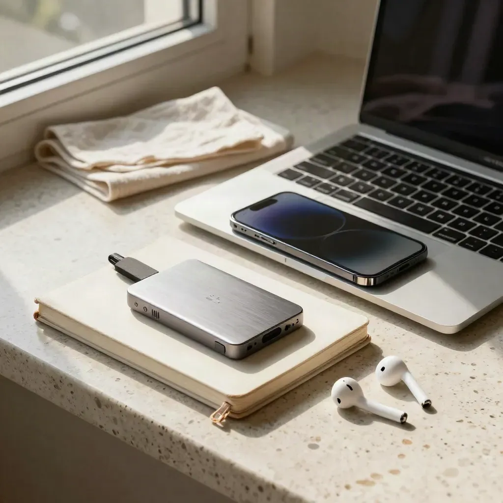 Flatlay de MacBook, iPhone, libreta, SSD y auriculares sobre travertino junto a la ventana.