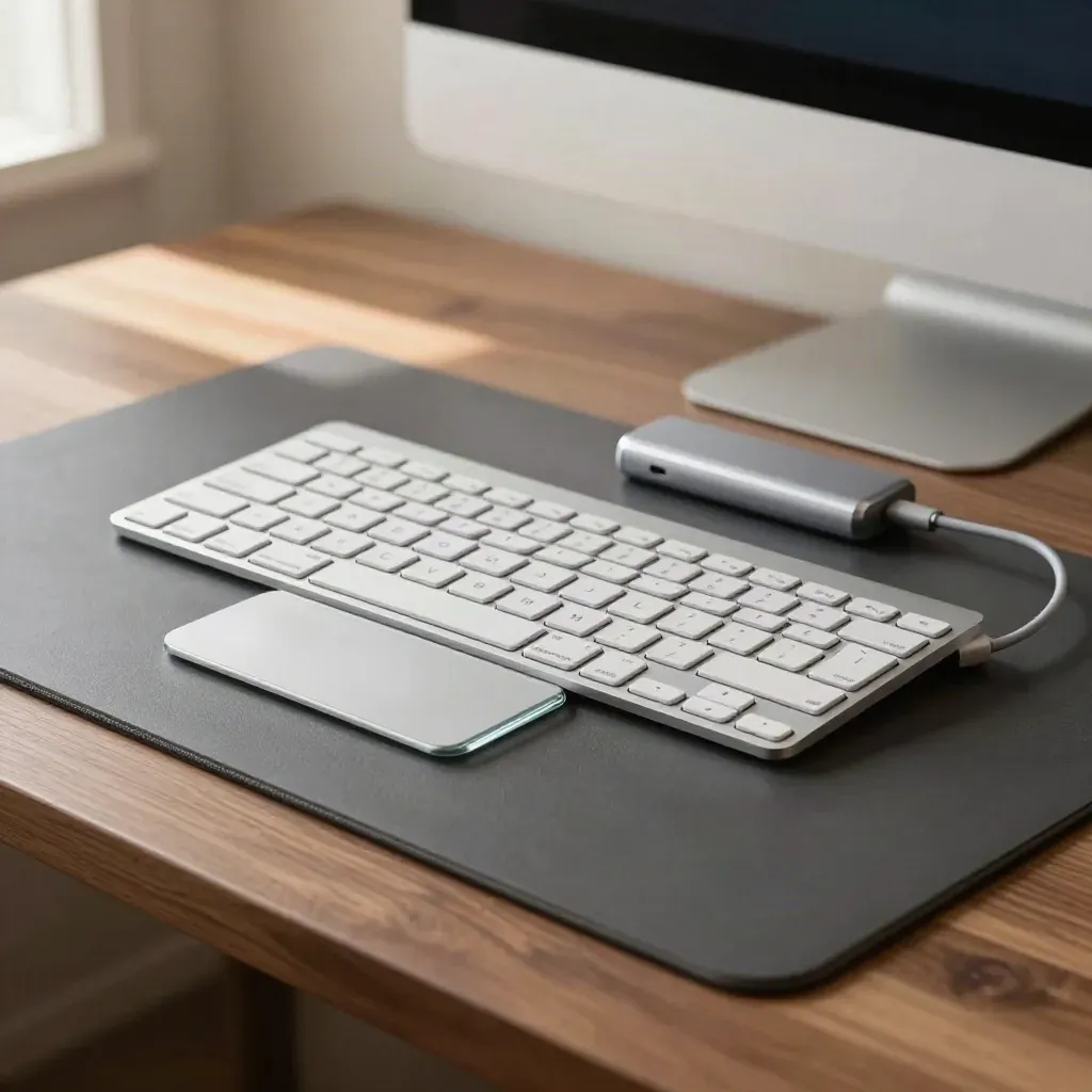Teclado de aluminio, trackpad y alfombrilla sobre madera de nogal, con luz suave.