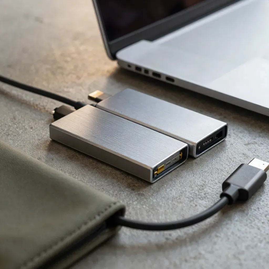 Dos SSD externos junto a un MacBook y un cable USB-C, en un instante de copia de seguridad.
