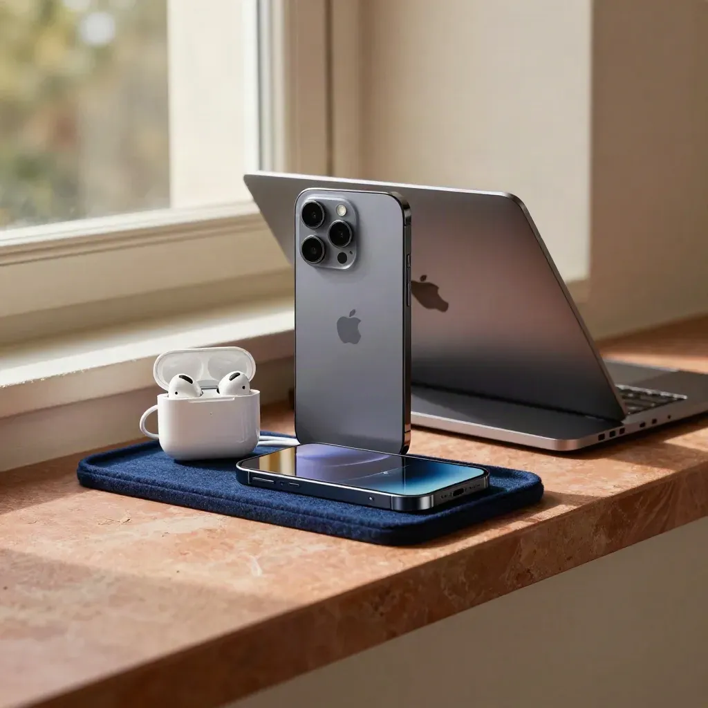 iPhone, MacBook, AirPods y cargador sobre repisa de terracota con luz cálida