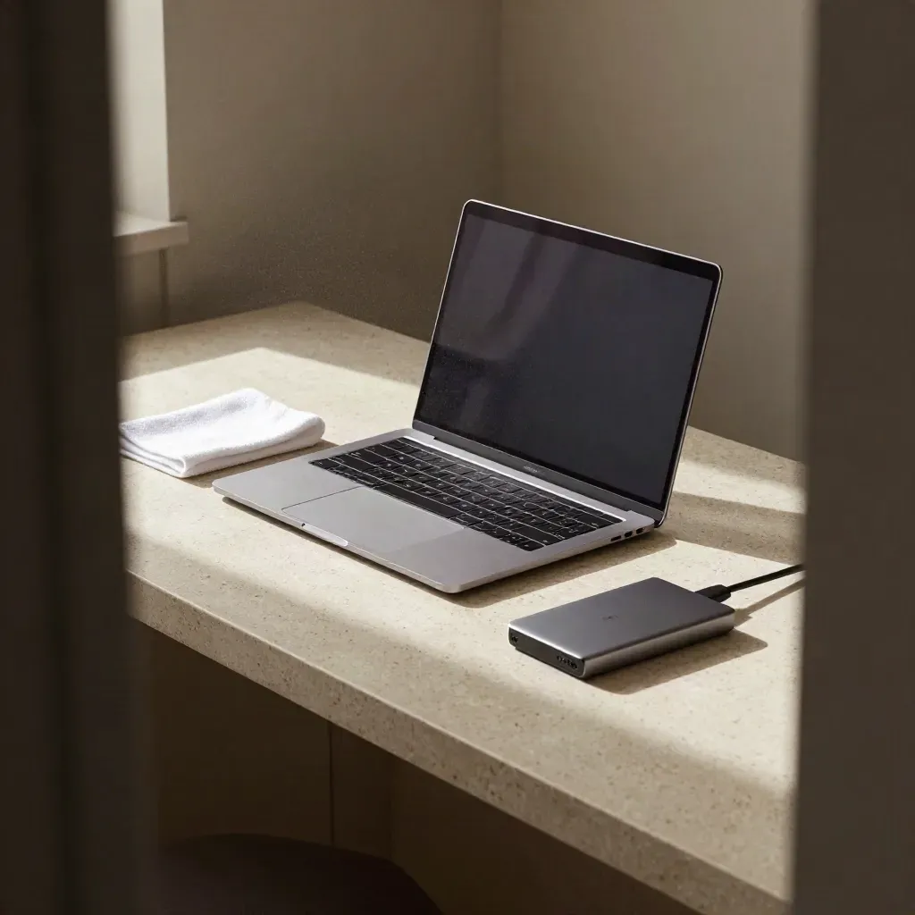 MacBook con polvo, paño de microfibra y SSD abierto sobre un escritorio de travertino.