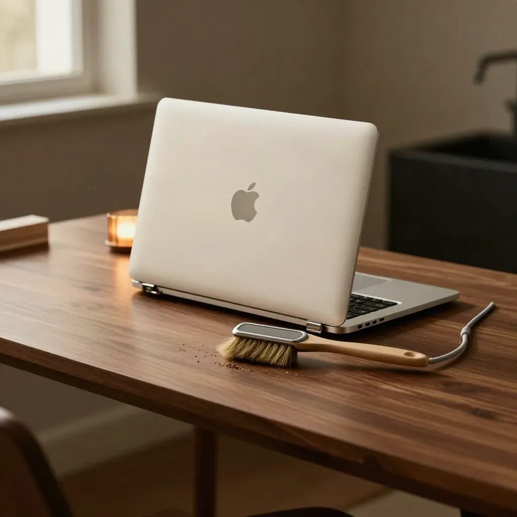 MacBook levantado, brocha suave y cable enrollado bajo luz cálida, limpieza inicial en un escritorio.