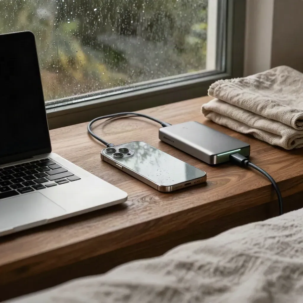 MacBook, iPhone y disco externo junto a un dock de carga frente a una ventana lluviosa.