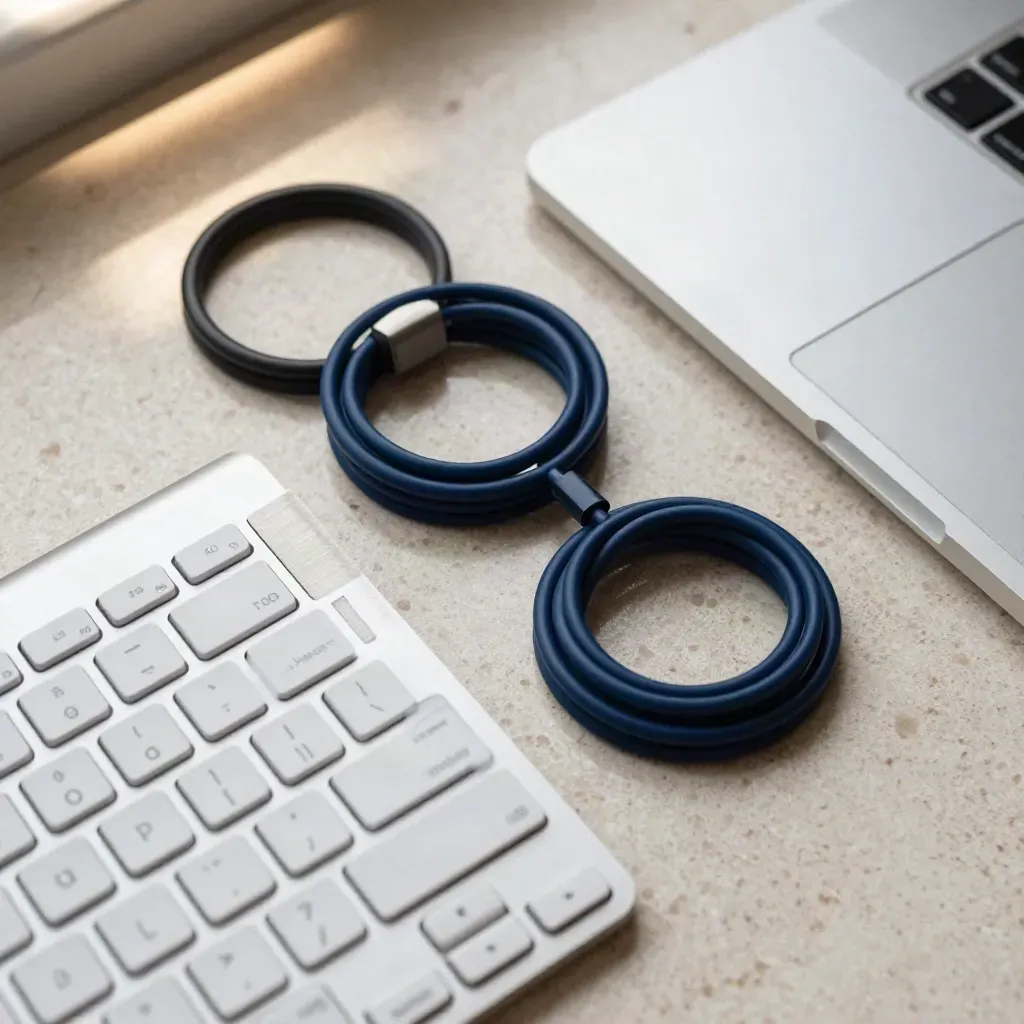 Teclado limpio, cables enrollados, adaptadores y un MacBook sobre una superficie de travertino.