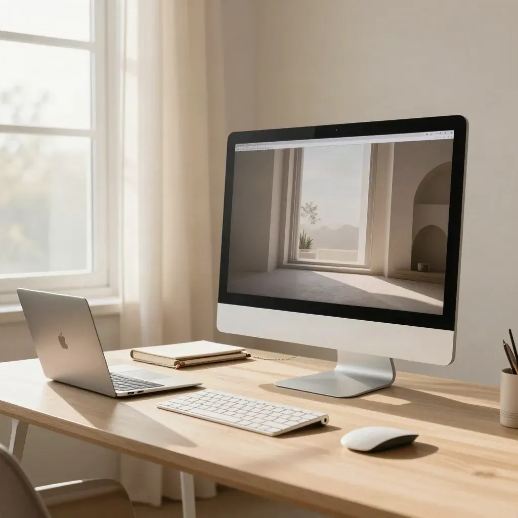 Monitor amplio, MacBook y libreta sobre escritorio luminoso junto a una ventana.