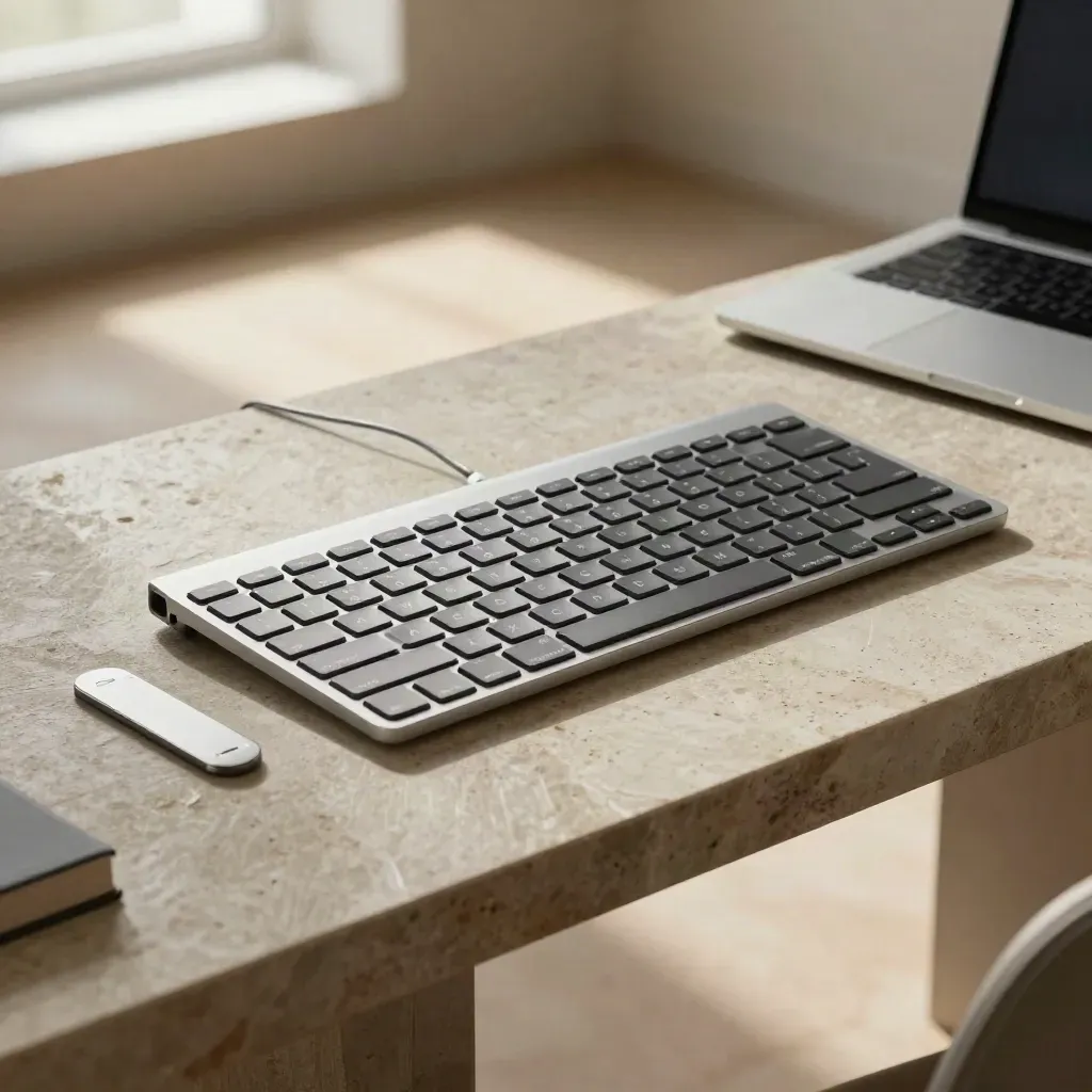Teclado compacto junto a portátil y organizador de cables sobre una mesa de piedra.