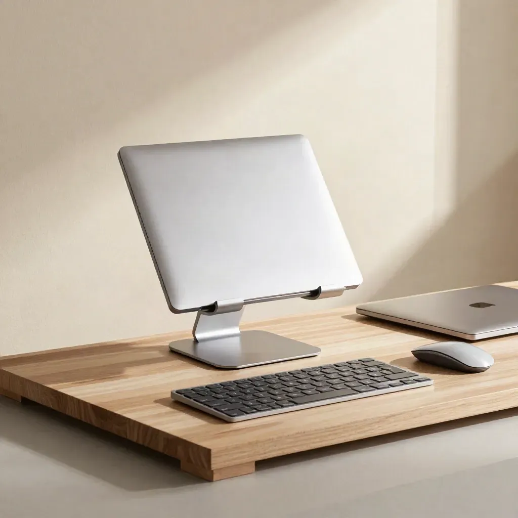 Soporte de monitor, teclado, ratón y tapa de MacBook sobre bandeja clara para comparar compra.