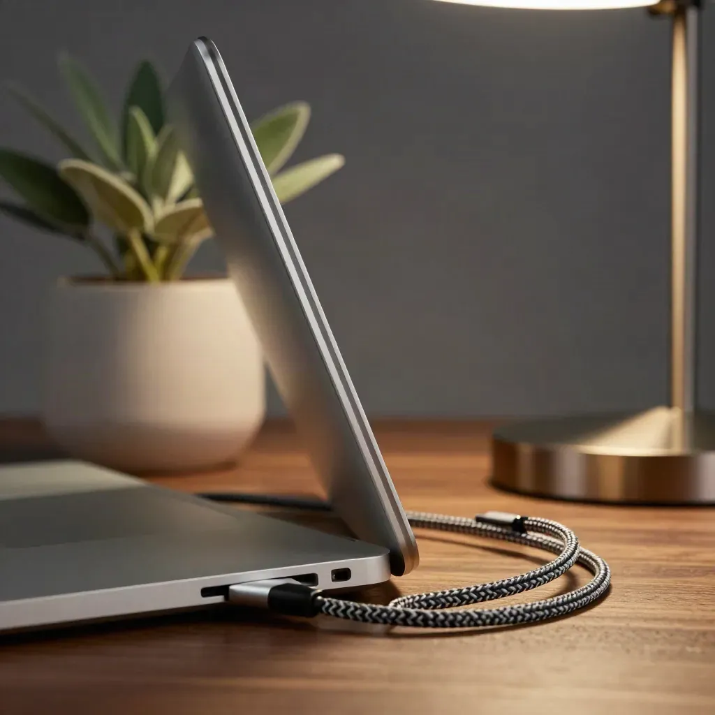 MacBook cerrado junto a cargador y planta pequeña con luz suave de tarde.