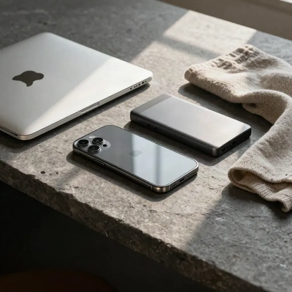 MacBook Air, iPhone y SSD sobre piedra con paño de lana; luz suave y estilo editorial.