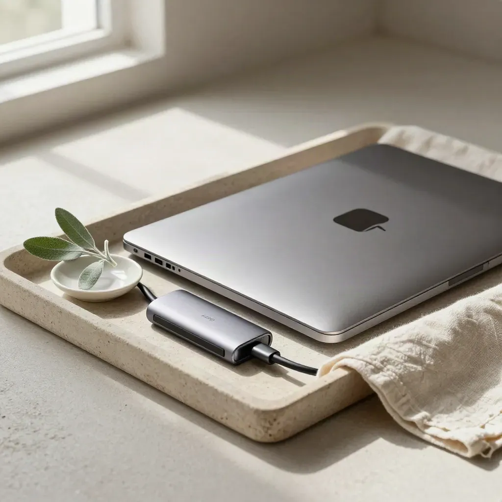 MacBook cerrado, hub USB-C, plato cerámico y brote en bandeja de lino.