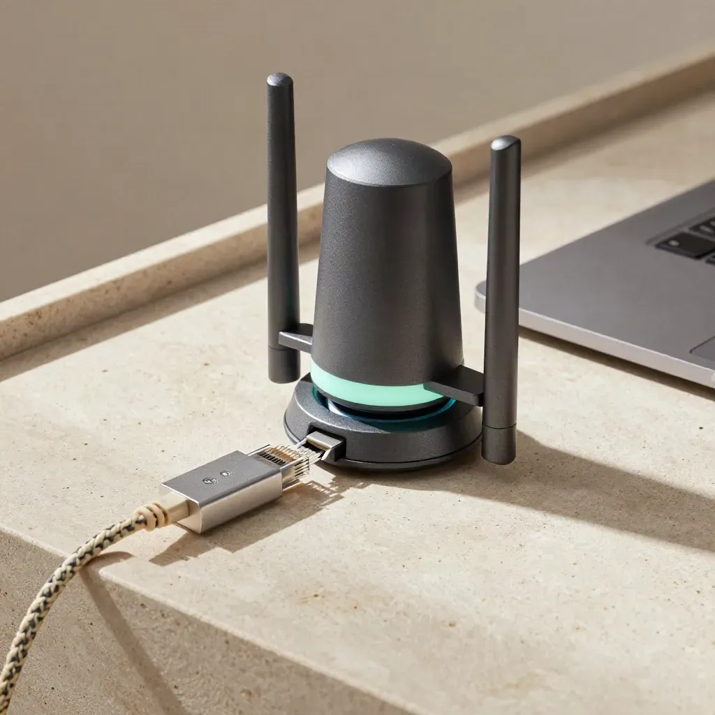 Router, adaptador Ethernet y cable trenzado junto a un MacBook, en bandeja de piedra, luz suave.