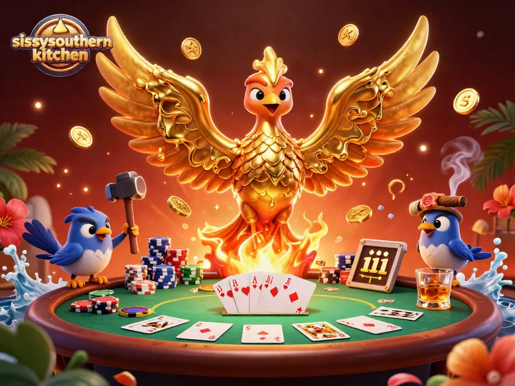 Sissy's Southern Kitchen showcases a vibrant casino scene with a golden phoenix and poker elements.